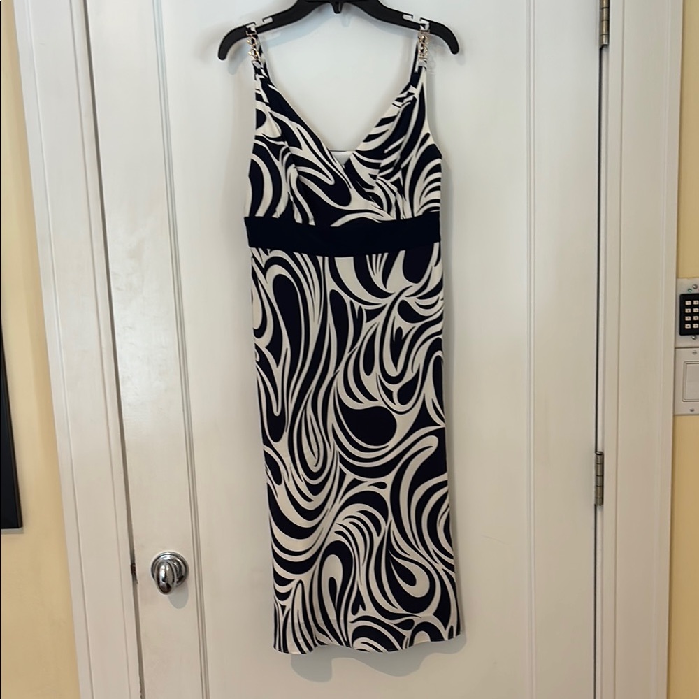 Navy and White Silk Swirl Midi Dress